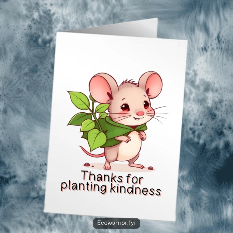 Funny Free Printable Thank You Card A determined mouse with a leaf cape carries a seedling gratefully.