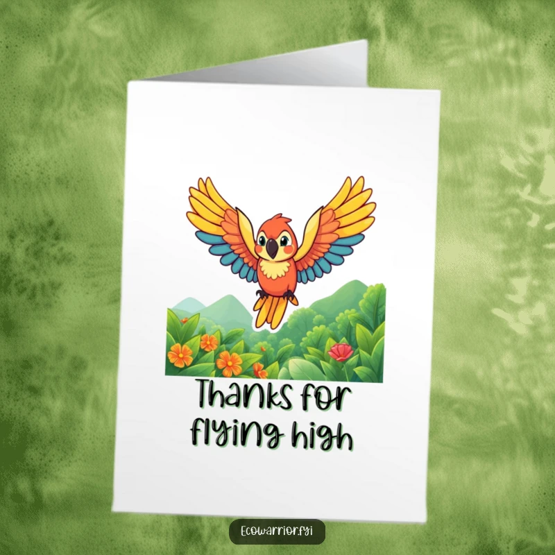 Funny Free Printable Thank You Card: A vibrant parrot spreads its wings, soaring over a lush green landscape, sending thanks.