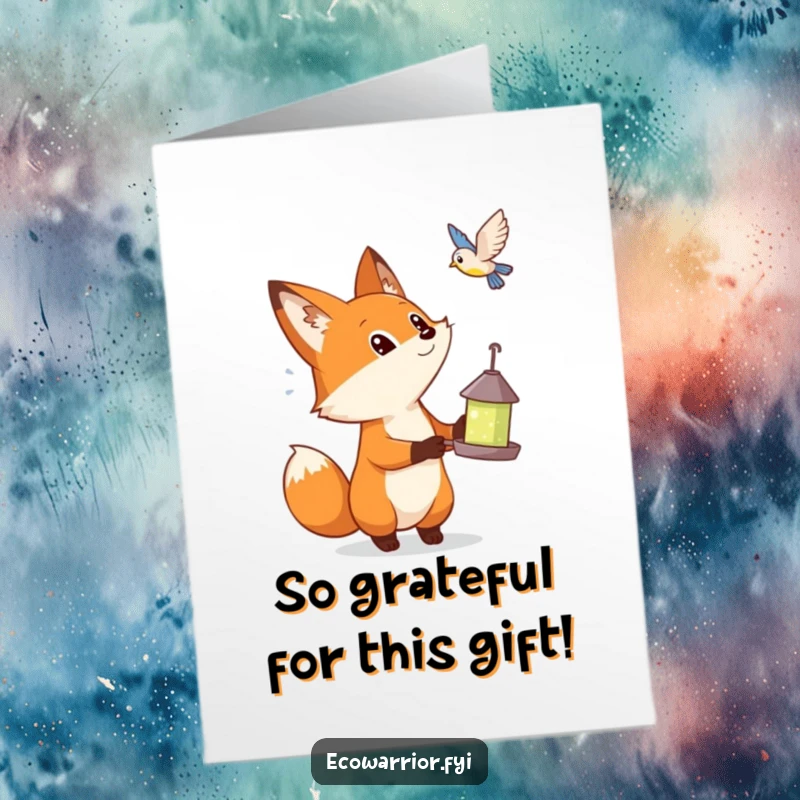Funny Free Printable Thank You Card: Curious fox looks up in wonder at a bird. A downloadable gift of thanks.