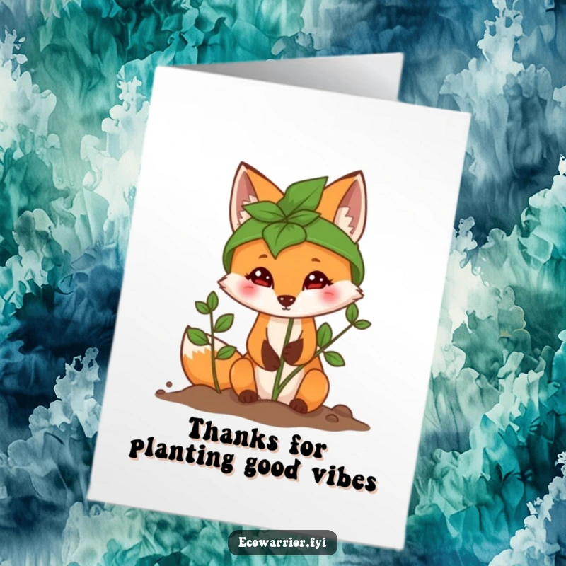 Funny Free Printable Thank You Card: Determined fox in a leaf helmet planting a sapling, a symbol of growing thanks.