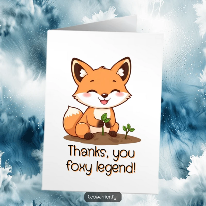 Funny Free Printable Thank You Card: A happy fox with a determined grin plants a tiny seed, expressing thanks.