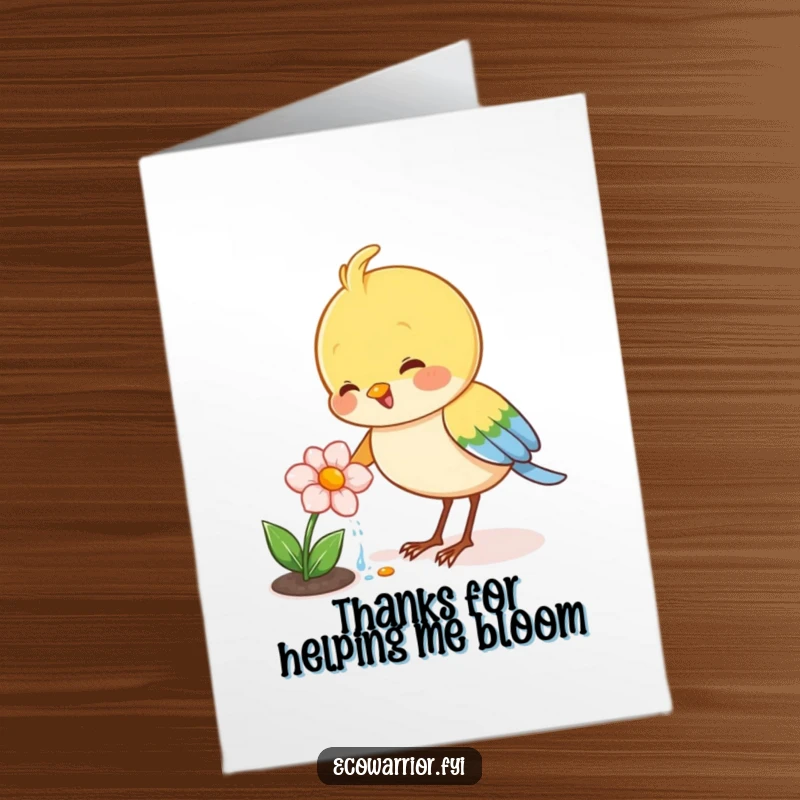 Funny Free Printable Thank You Card: Joyful bird watering a tiny blooming flower, a sweet and funny way to say thanks. A downloadable gift.