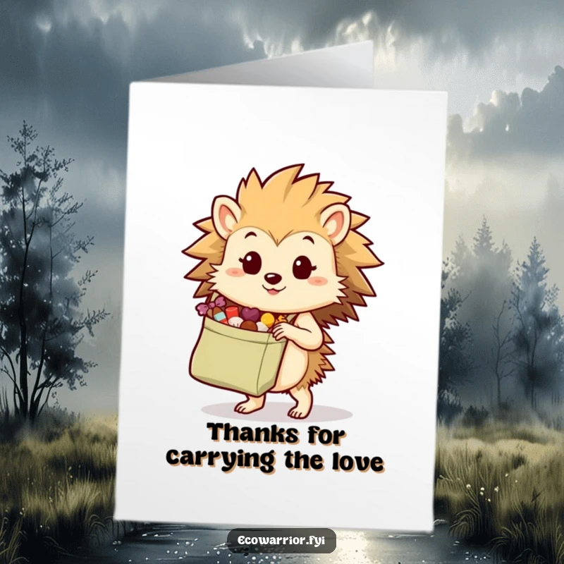 Funny Free Printable Thank You Card of a determined hedgehog carrying a reusable shopping bag full of treats, expressing gratitude generously.