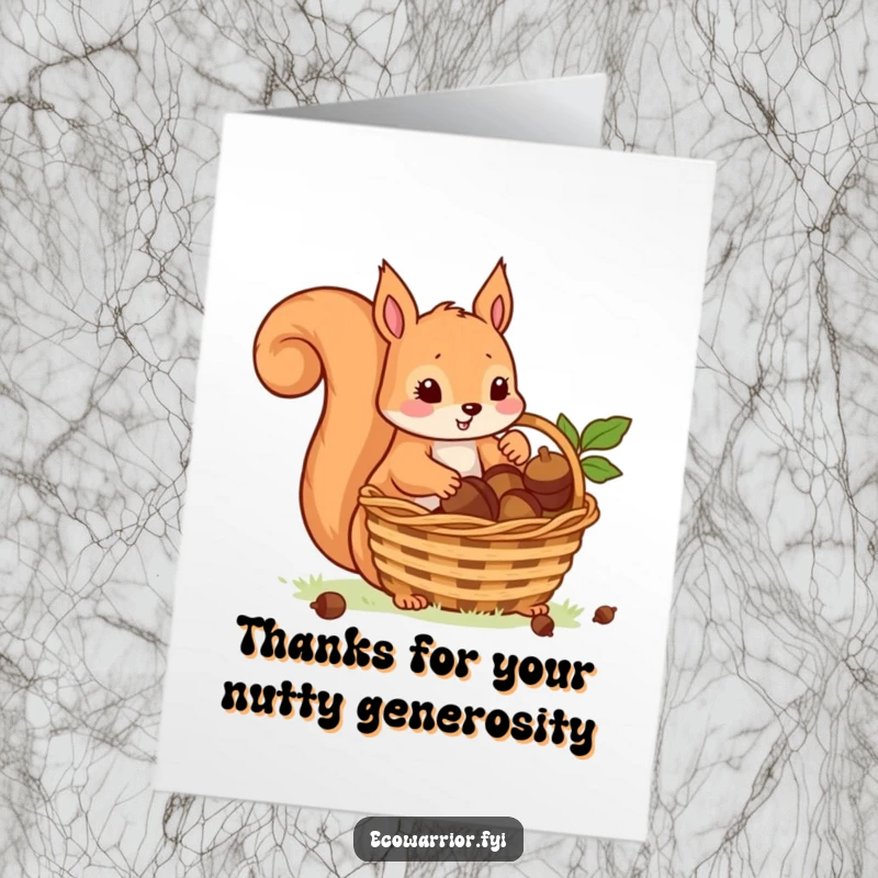 Funny Free Printable Thank You Card: A playful squirrel carefully puts acorns in a basket, saying thank you.
