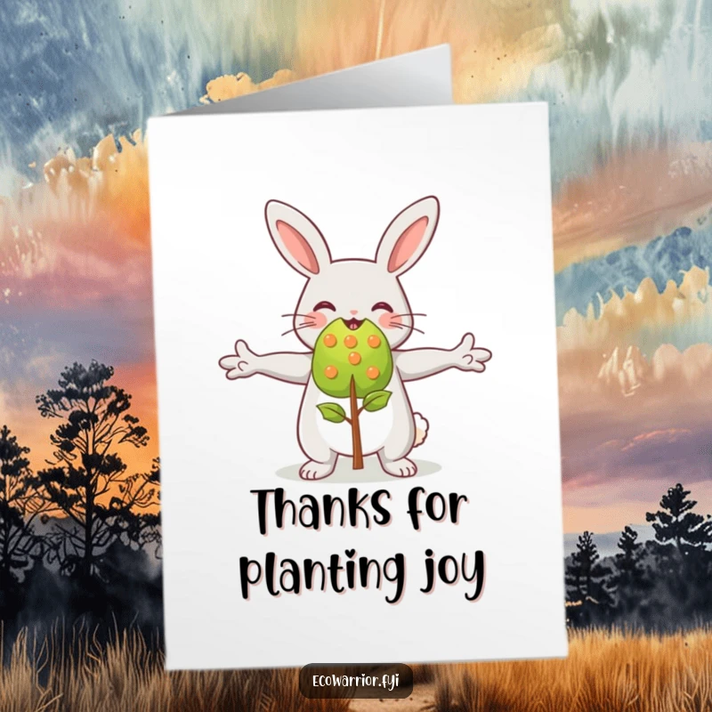 Funny Free Printable Thank You Card: A happy rabbit warmly embraces a small sapling, conveying heartfelt gratitude.