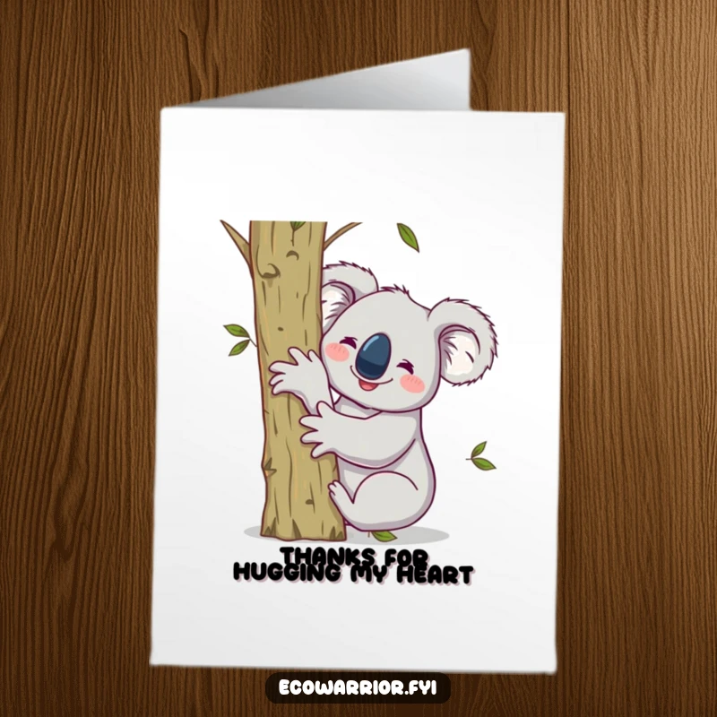 Funny Free Printable Thank You Card: Smiling koala hugging a sapling raises one arm victoriously, offering thanks.