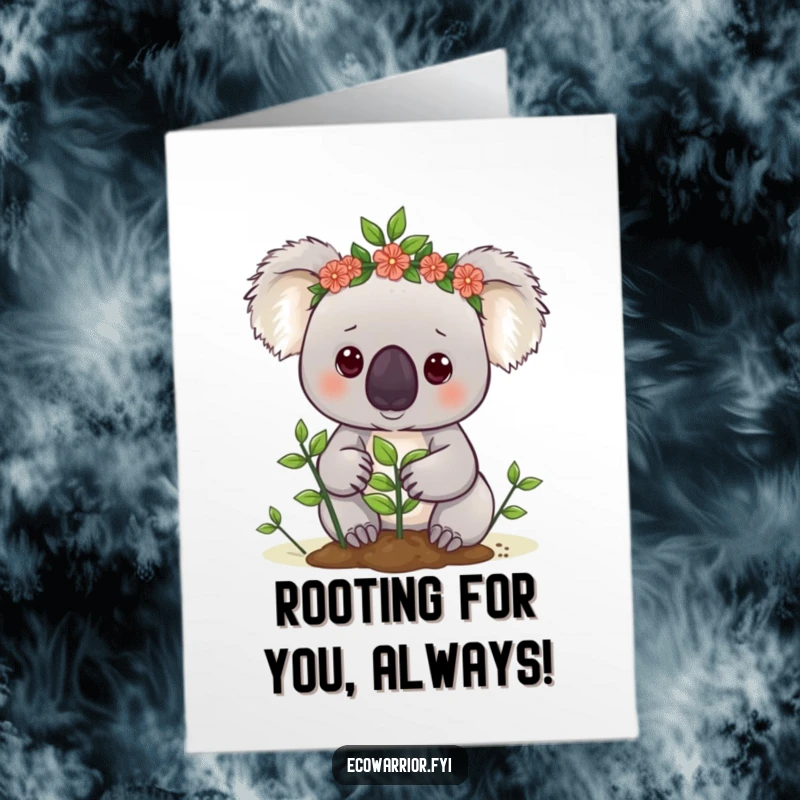 Funny Free Printable Thank You Card: A koala with a leaf crown planting a tiny sapling with a determined expression.