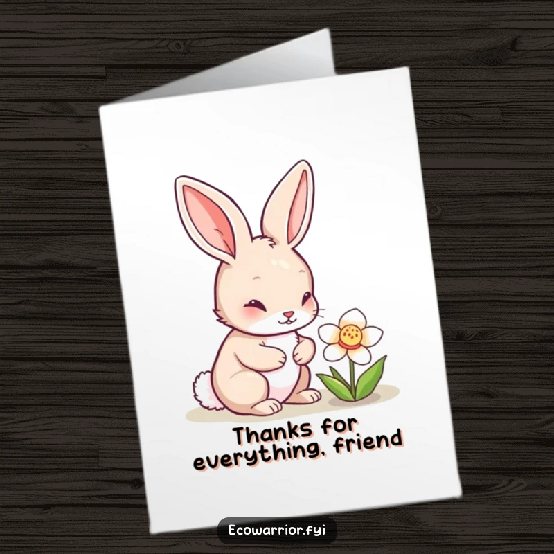 Cute Free Printable Thank You Card of a curious rabbit admiring a flower, a gentle way to express gratitude.