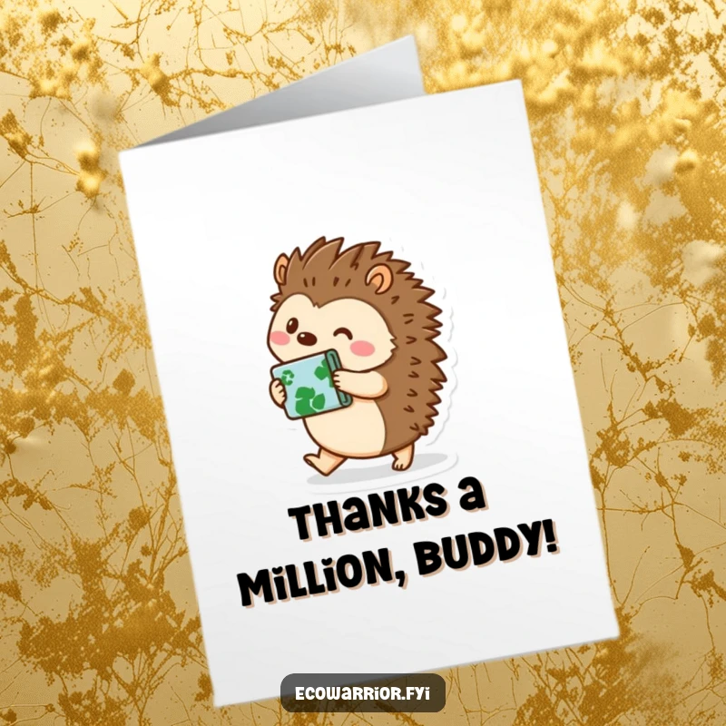 Funny Free Printable Thank You Card showcasing a helpful hedgehog with recycled materials, a unique way to say thanks.
