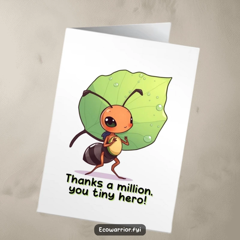 Funny Free Printable Thank You Card: Diligent ant carrying a dewdrop-stained leaf like a shield, conveying deep gratitude.