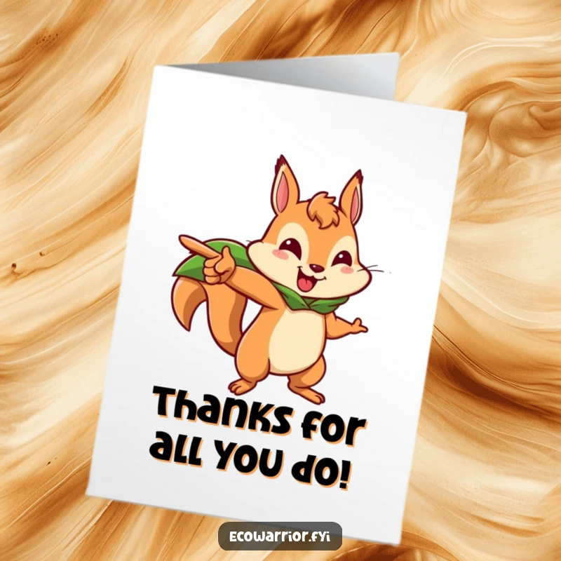 Funny Free Printable Thank You Card: A brave squirrel in a leaf cape points forward energetically, offering thanks.
