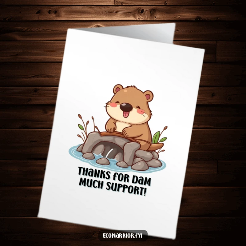 Funny Free Printable Beaver Thank You Card: A happy beaver building a dam, perfect for expressing thanks, DIY downloadable gift.
