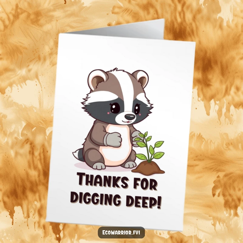 Funny Free Printable Thank You Card: Determined badger gardener caring for a sprout. A downloadable gift of thanks.