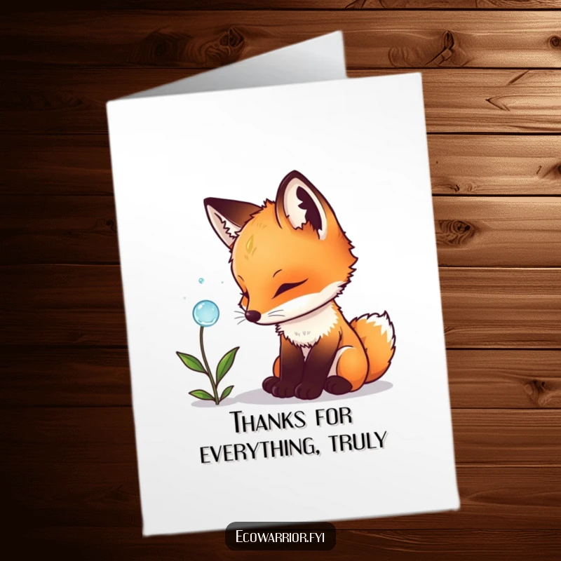 Funny Free Printable Thank You Card: A curious fox cub examines a dewdrop, symbolizing thoughtful appreciation and gratitude.