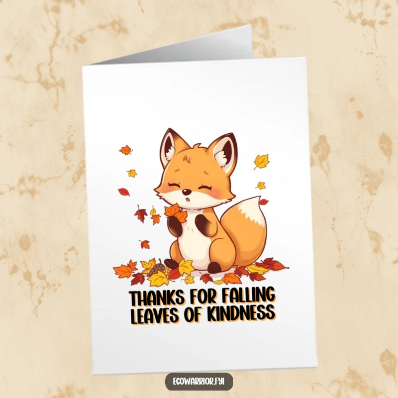 Funny Free Printable Thank You Card: A cute fox happily gathering autumn leaves, expressing heartfelt gratitude humorously.