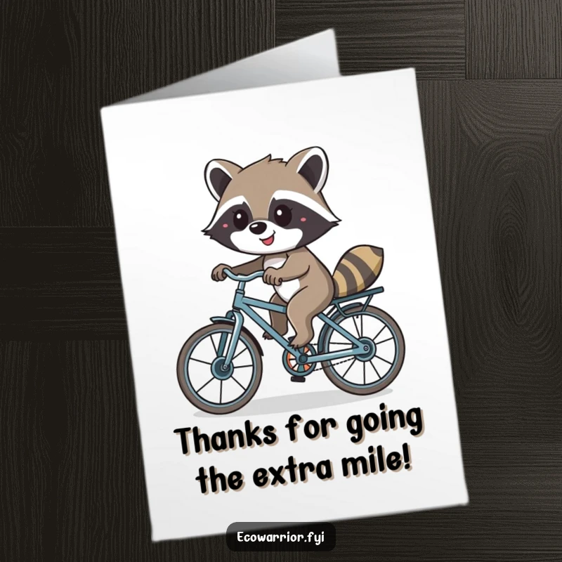 Funny Free Printable Raccoon Thank You Card: A smiling raccoon riding a recycled bike, expressing thanks, downloadable gift.