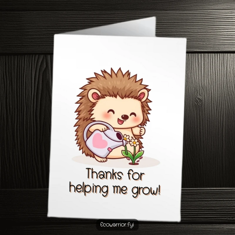 Funny Free Printable Hedgehog Thank You Card: A cheerful hedgehog watering a flower, expressing thanks, downloadable gift.