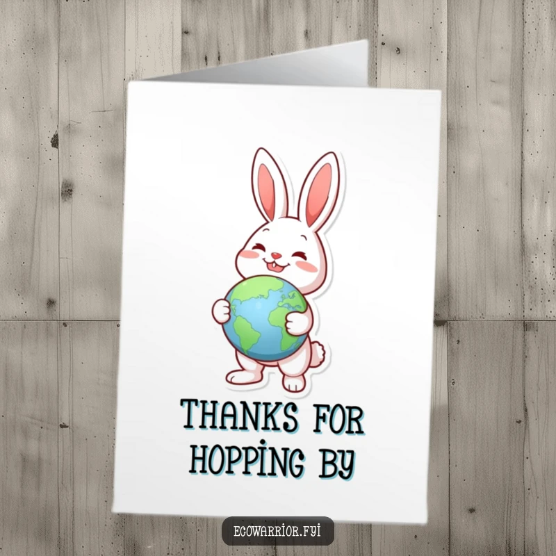 Funny Free Printable Rabbit Thank You Card: joyful rabbit holds a globe, pointing to landmass while saying thanks.