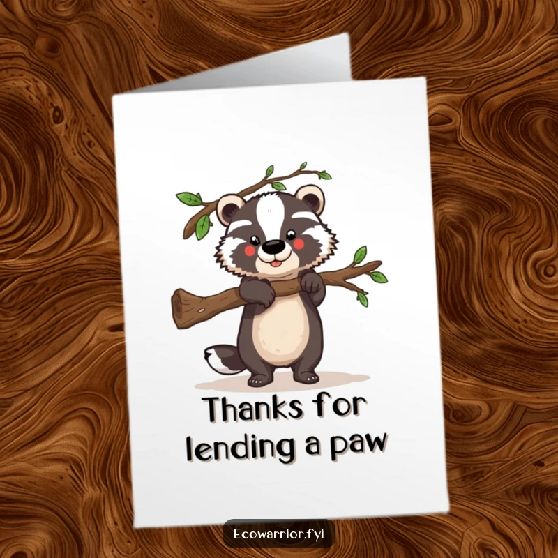 Funny free printable thank you card featuring a strong badger lifting a fallen branch, a powerful and downloadable thank you.