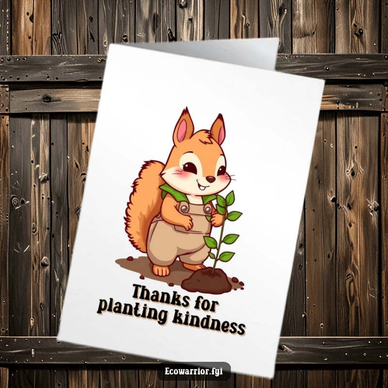 Funny Free Printable Squirrel Thank You Card: A squirrel in leafy overalls energetically plants a seedling, expressing thanks. Easy downloadable art.