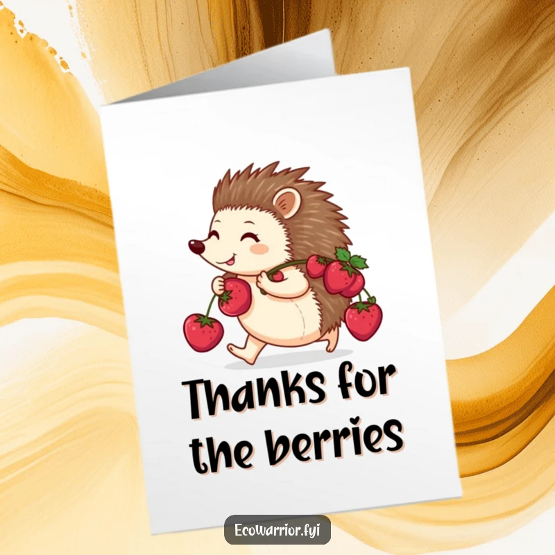 Funny Free Printable Thank You Card: A happy hedgehog carrying berries on its back purposefully conveys thanks.