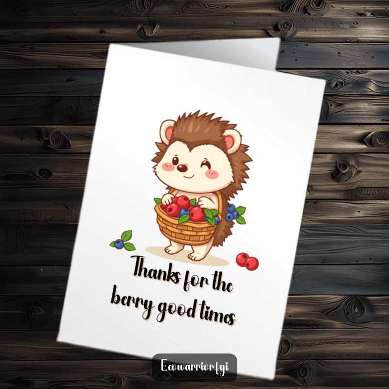 Charming Free Printable Thank You Card: Kind hedgehog carrying a basket full of berries, offering heartfelt thanks.