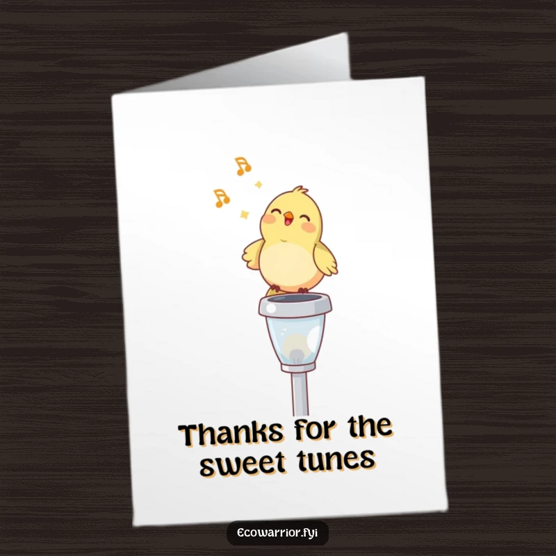 Funny Free Printable Bird Thank You Card: A happy bird sings on a solar light, conveying thanks with cheerful melody.
