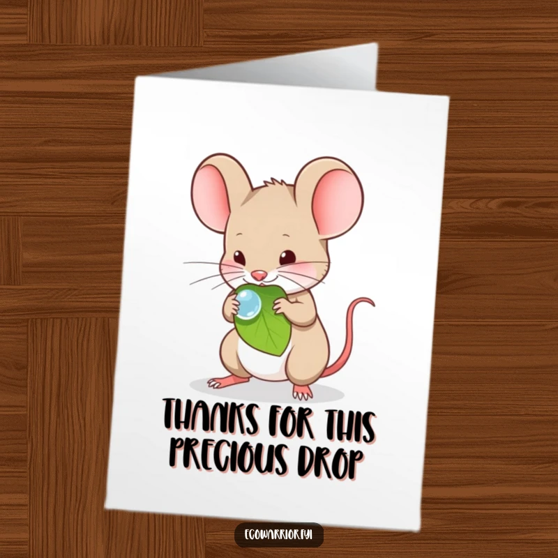 Funny Free Printable Thank You Card: A timid mouse carefully carrying a dewdrop on a leaf, expressing gratitude gently.
