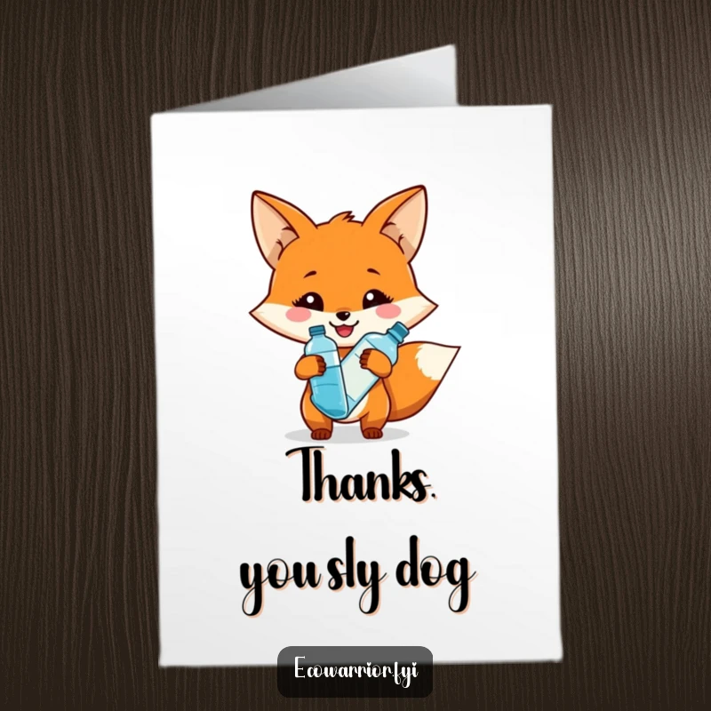Funny free printable thank you card featuring a smiling fox holding a reusable water bottle, a refreshing and downloadable thank you.