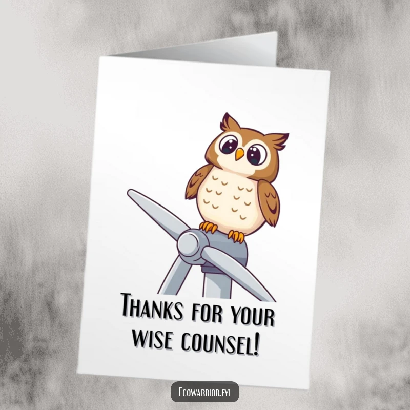 Funny Free Printable Owl Thank You Card: A delighted owl on a wind turbine, expressing thanks, downloadable gift.