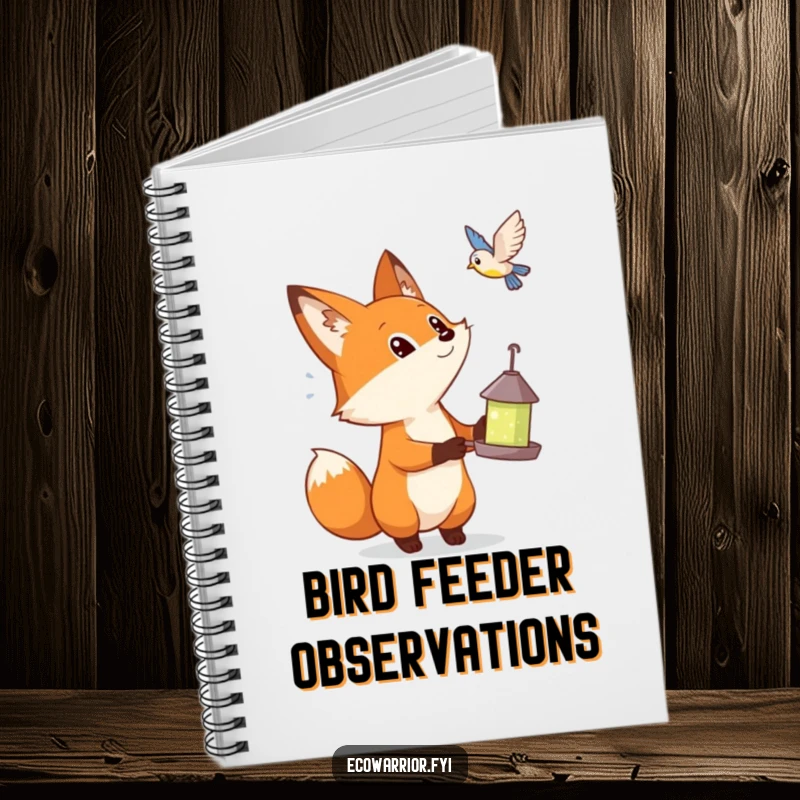 Funny notebook with a curious fox holding a bird feeder, looking up at a bird, inspiring notes and ideas.