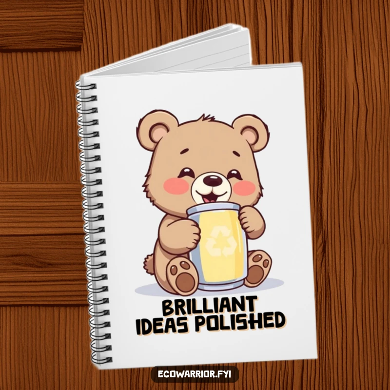 Funny bear cub notebook cover, showing a happy cub polishing a shiny recycled can, symbolizing eco-consciousness and organization.