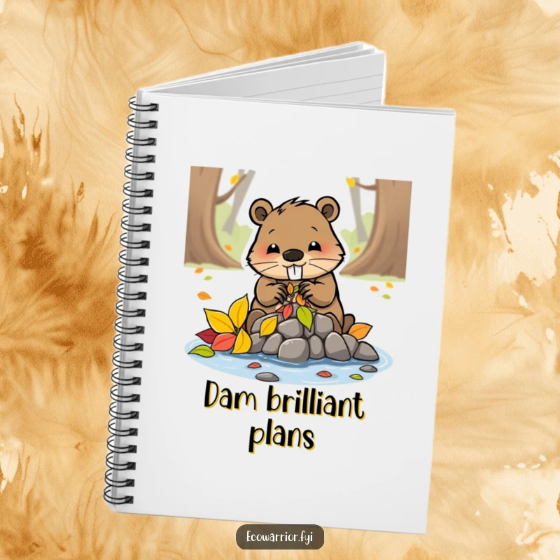 Funny beaver character building a dam from colorful leaves, featured on a notebook cover for project planners.