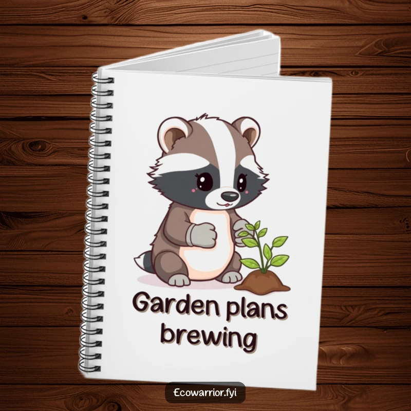 Funny notebook with a determined badger gardener in gloves, caring for a sprout, inspiring gardening plans.