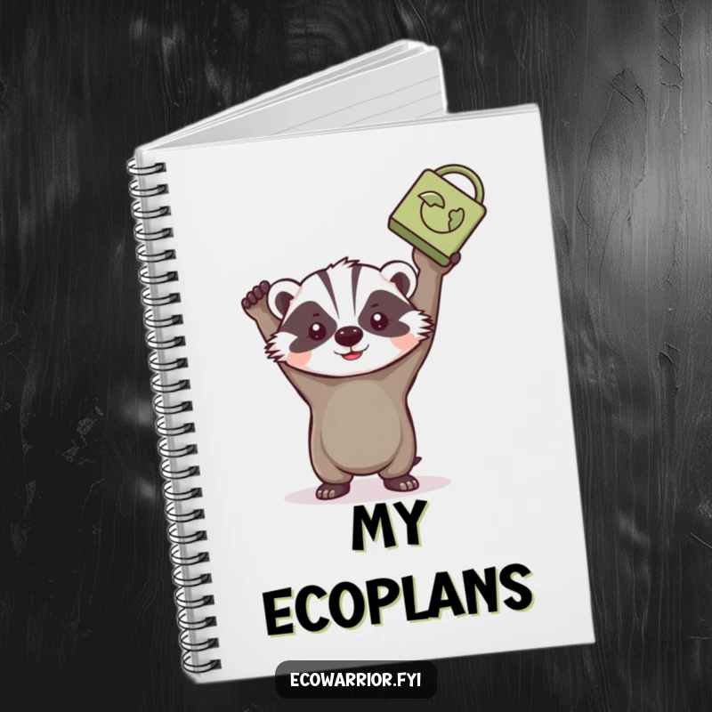 Funny badger notebook, determinedly holding a recycled item, perfect for planning eco-friendly actions.