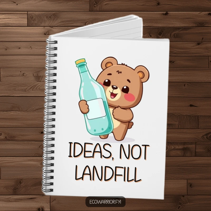 Funny notebook featuring a happy bear giving a thumbs-up while recycling a large bottle, perfect for jotting down eco-conscious thoughts.