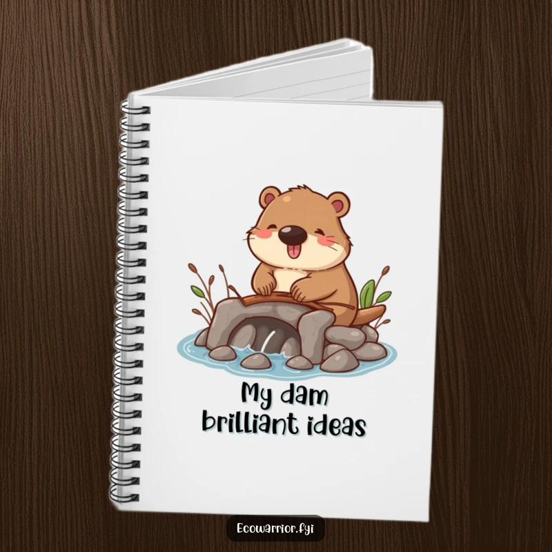 Funny notebook featuring a happy beaver building a small dam with twigs, perfect for jotting down brilliant ideas with a smile.