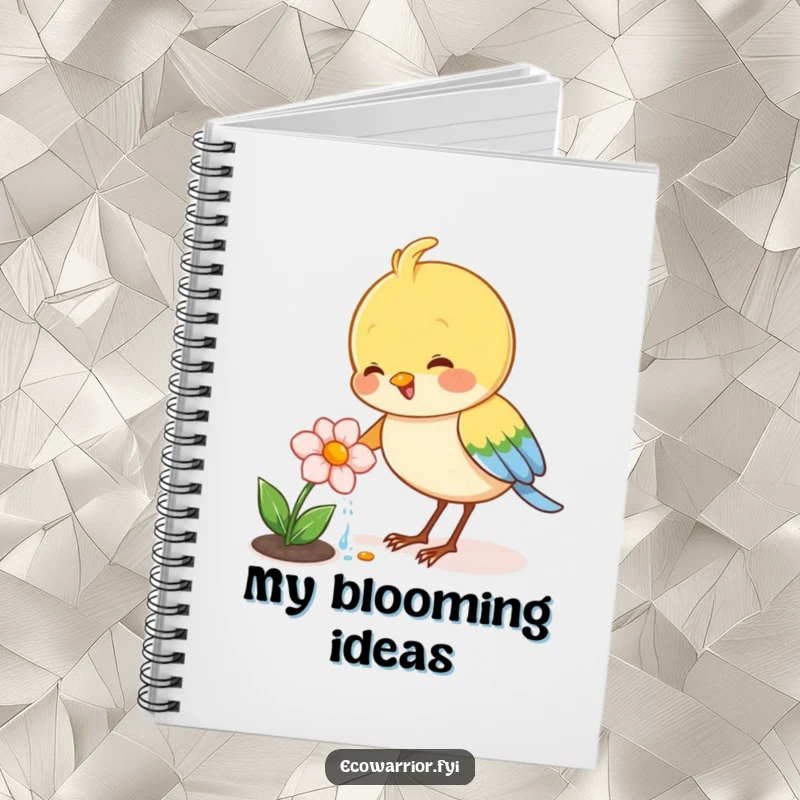 Funny notebook featuring a joyful bird character watering a tiny blooming flower, perfect for jotting down blooming ideas.