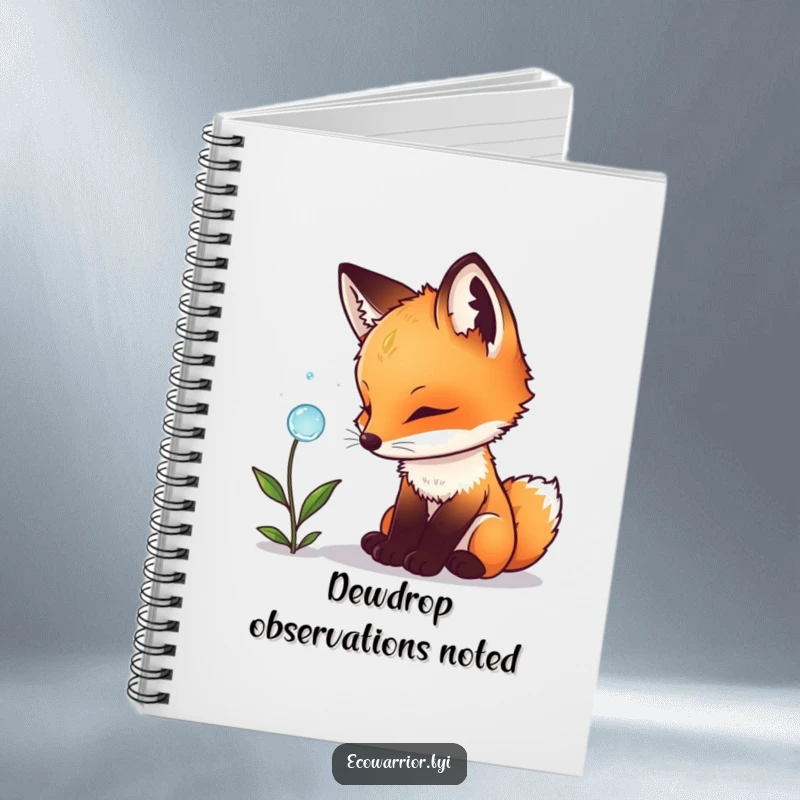 Funny fox cub notebook cover, showing a curious cub observing a dewdrop on a plant, symbolizing observation and learning.