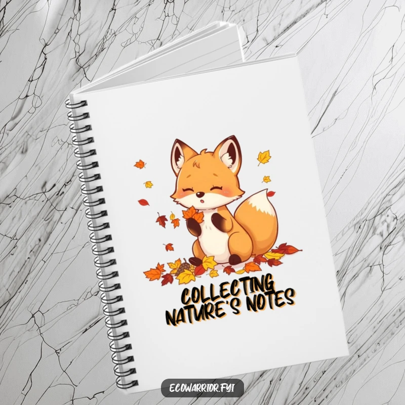 Funny Notebook featuring a small fox enthusiastically collecting vibrant autumn leaves, inspiring creativity.