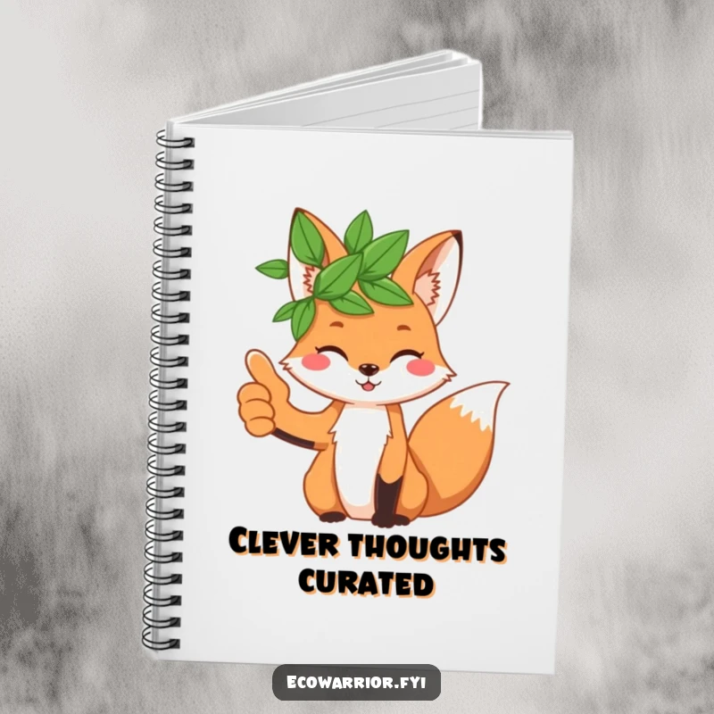 Funny playful fox wearing a leaf crown and giving a thumbs up on the cover of a notebook.