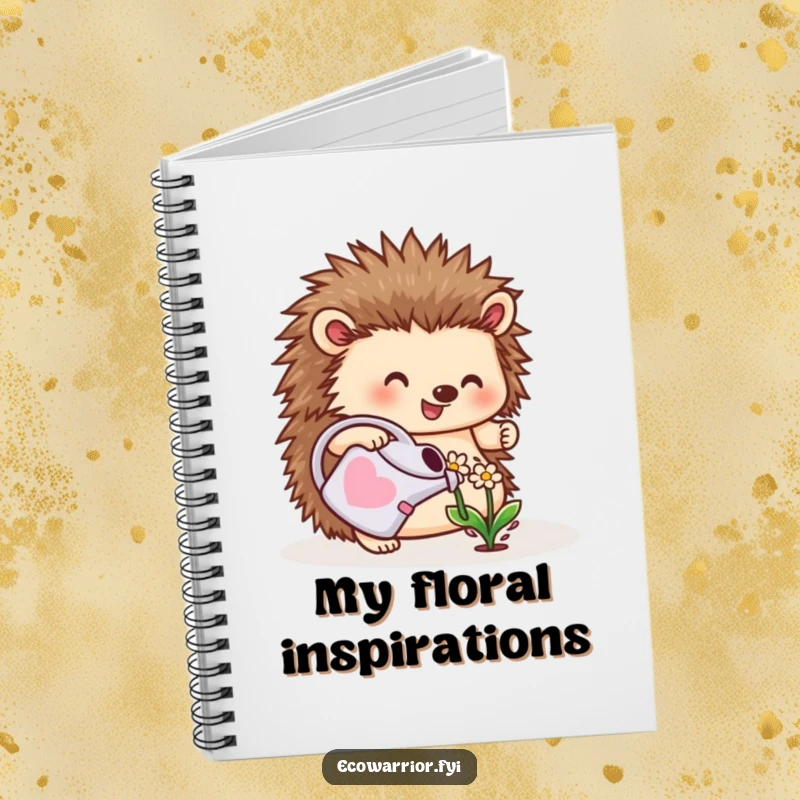 Funny notebook featuring a cheerful hedgehog watering a flower, perfect for jotting down gardening plans and nature musings.