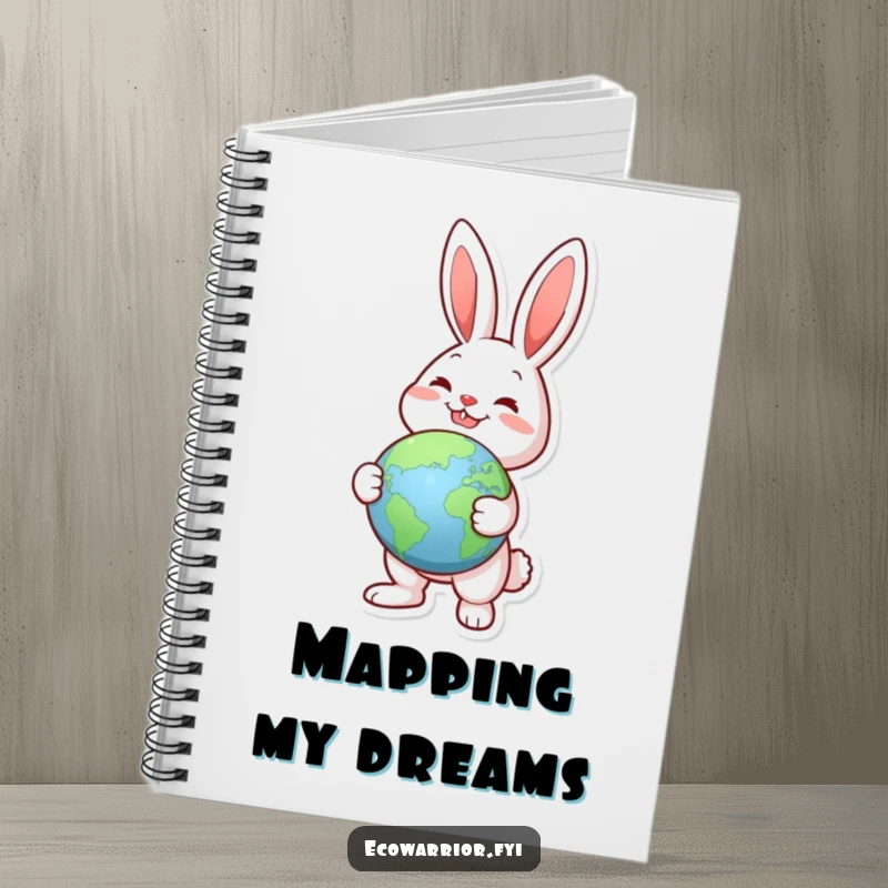 Funny Joyful Rabbit Globe Notebook: A notebook with a joyful rabbit holding a globe, pointing to a green landmass, for writing.