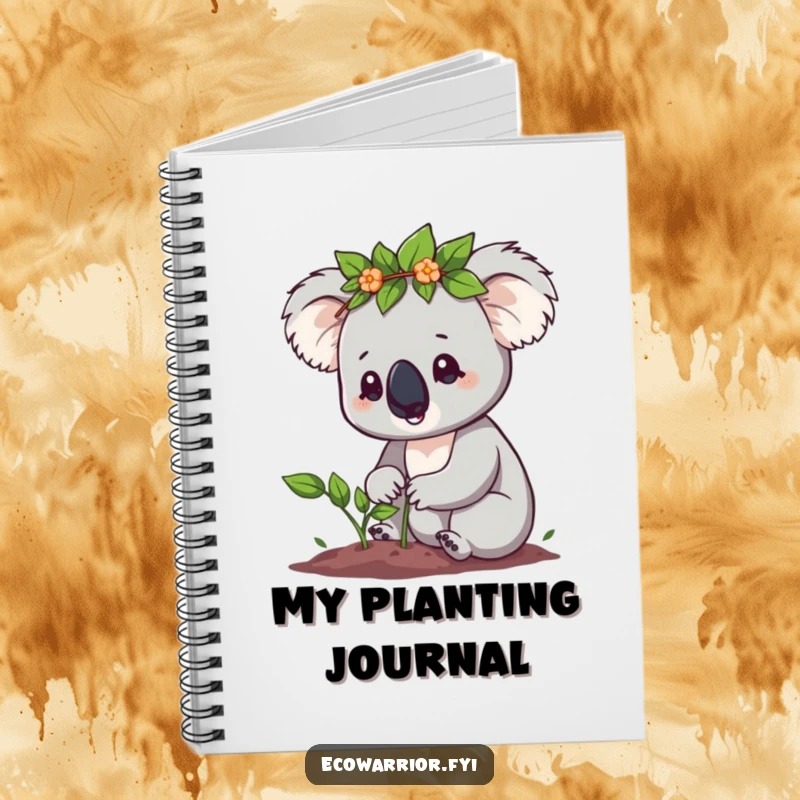 Funny Koala Notebook: Cute koala with a leaf crown determinedly planting a sapling, ideal for journaling, an eco funny gift.
