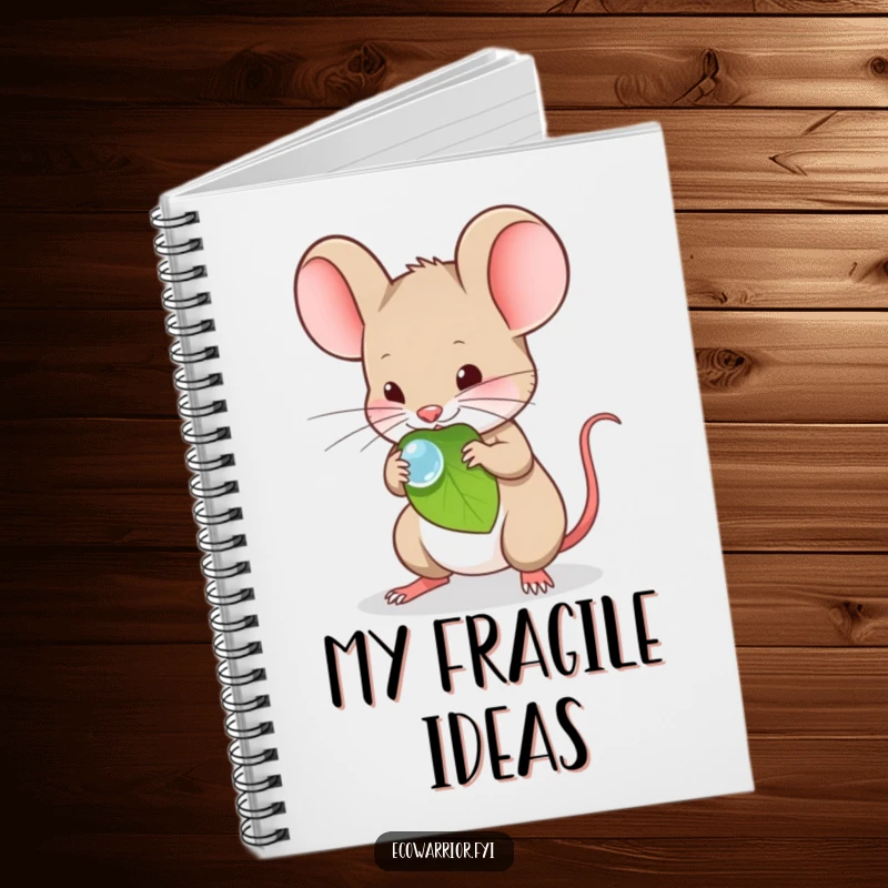 Funny Notebook featuring a timid mouse carefully carrying a dewdrop on a leaf.