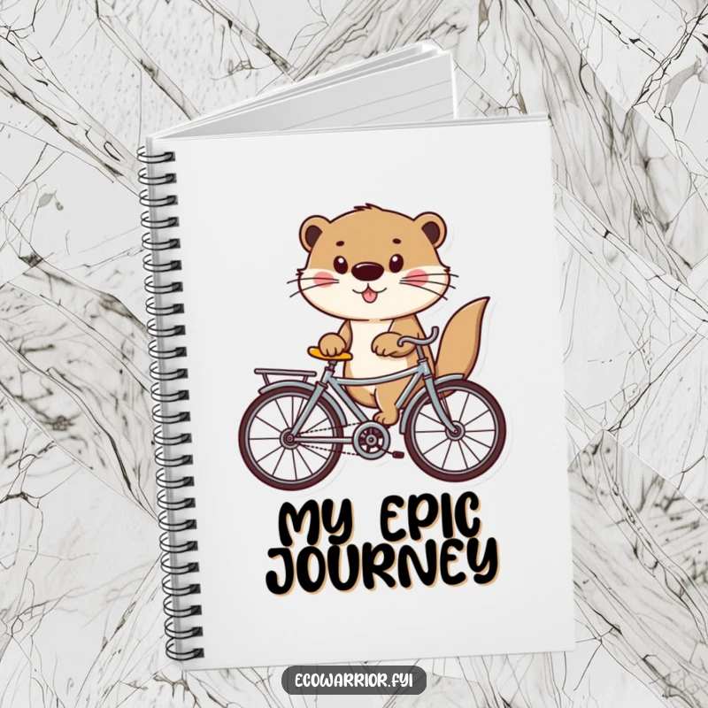 Funny otter riding a recycled bicycle on a notebook cover, ideal for jotting down eco-friendly ideas with humor.