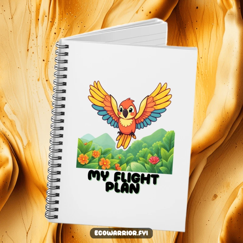 Funny parrot notebook with a vibrant character soaring with wings spread wide, perfect for jotting down colorful and creative ideas.