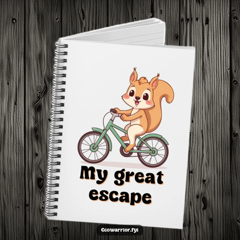 Funny Squirrel Notebook: Playful squirrel smiling on a recycled bicycle, ideal for journaling, an eco funny gift.