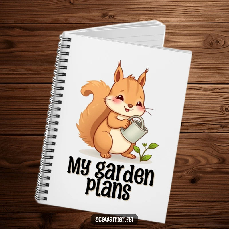 Funny squirrel notebook, a cheerful character watering a sprout, perfect for jotting down garden notes.