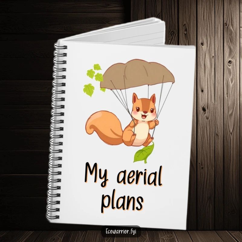 Funny Squirrel Parachute Notebook featuring a brave squirrel using a fallen leaf as a parachute, perfect for notes.